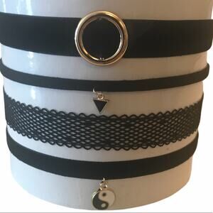 4 Black Chokers Gold Hardware Adjustable Size